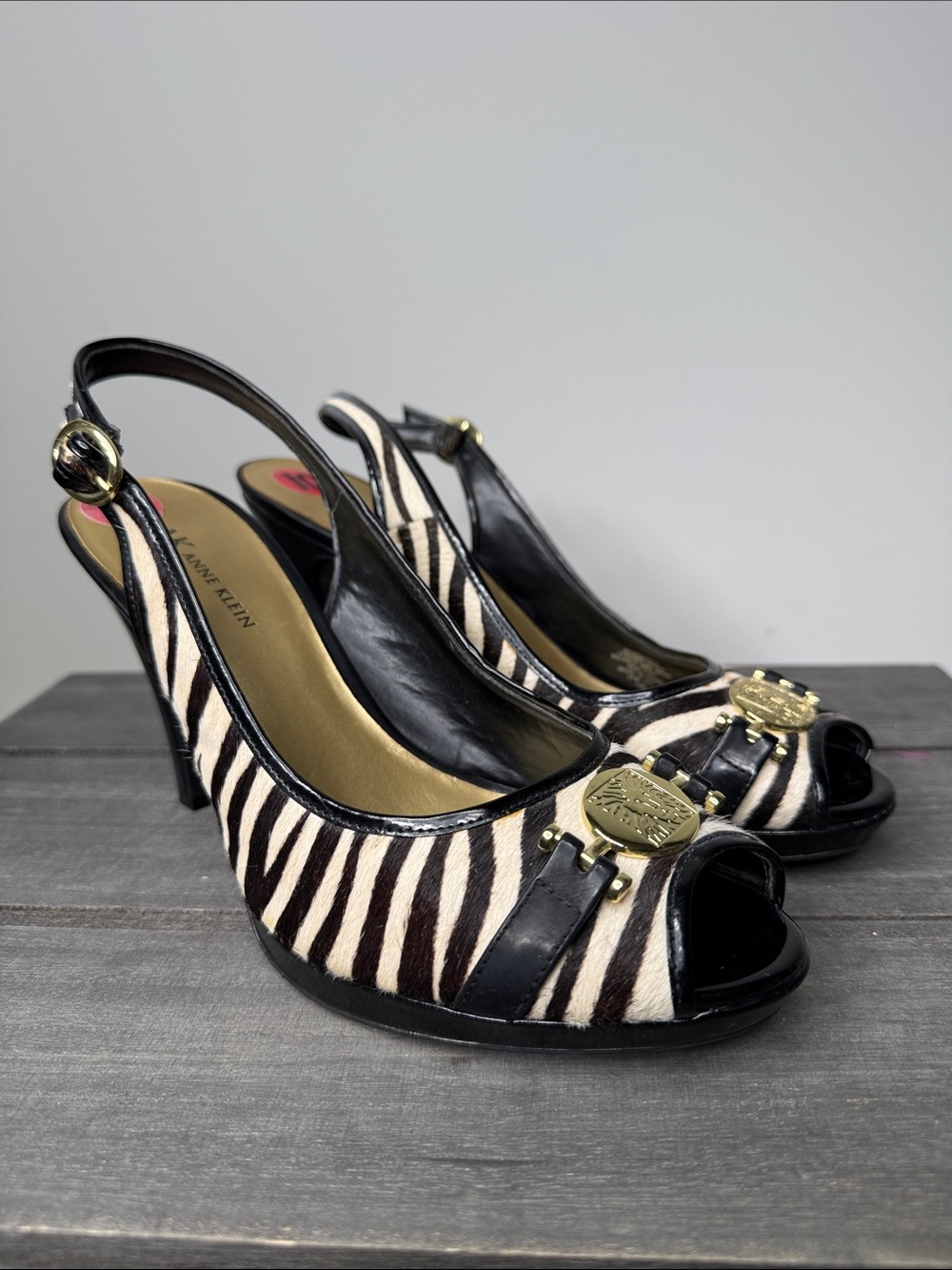 Anne Klein Black and White Zebra Print Peep-Toe Slingback Heels